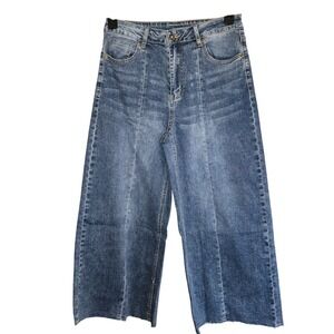 Womens High Waisted Wide Leg Cropped Jeans Medium Wash Raw Hem Front Seam Size L